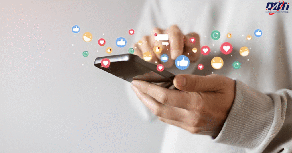 An adult sharing, liking & reacting to social media posts.