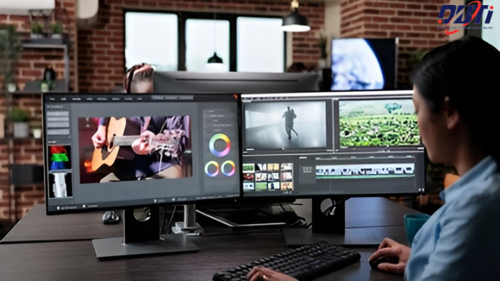 A woman editing a video on multiscreen.