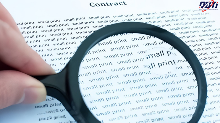 A man reading the small prints of a contract with a magnifying glass.