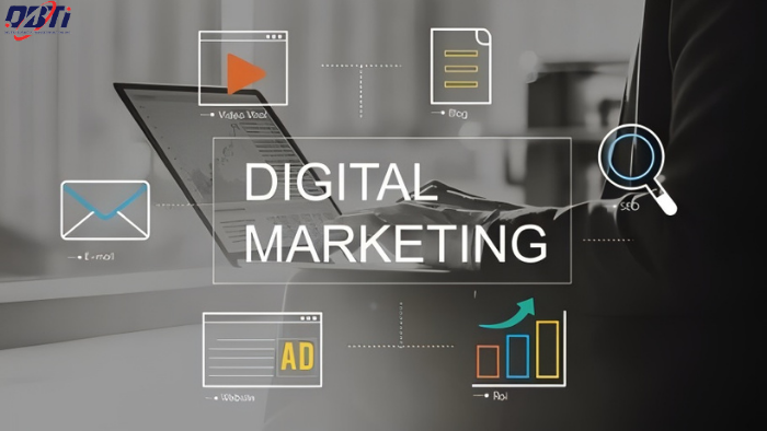 An AI image listing icons of types of digital marketing.